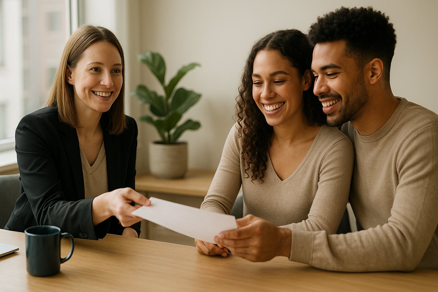 Mortgage broker handing a pre-approval to first-time homebuyers in Ottawa
