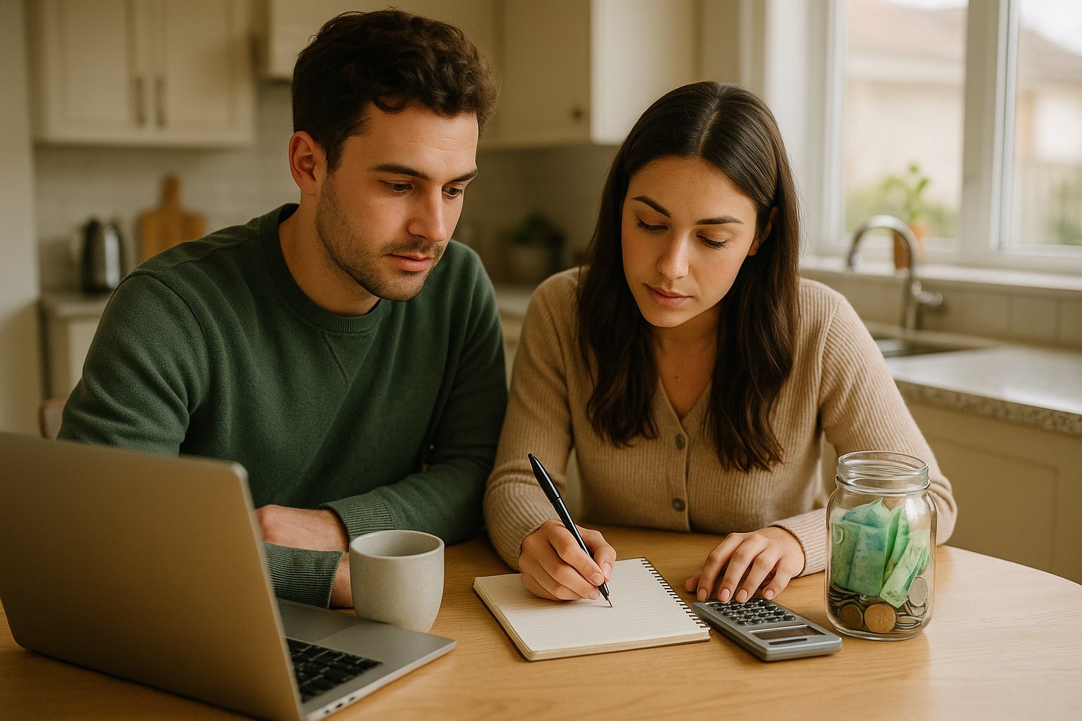 Ottawa couple calculating their down payment savings at the kitchen table