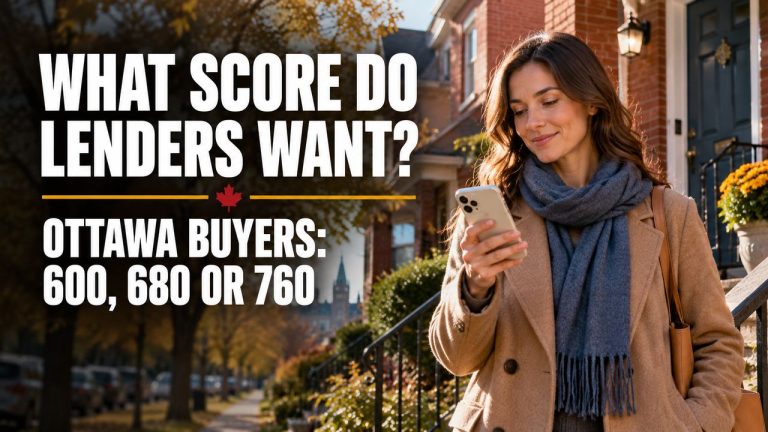 First-time buyer in a scarf on the front step of a red-brick Ottawa home on an autumn street, looking at her phone