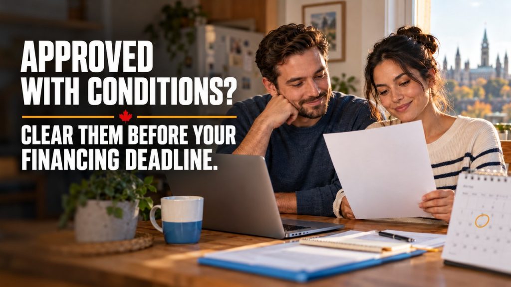 First-time buyer couple at a kitchen table in an Ottawa home reviewing a document, with Parliament visible through the window
