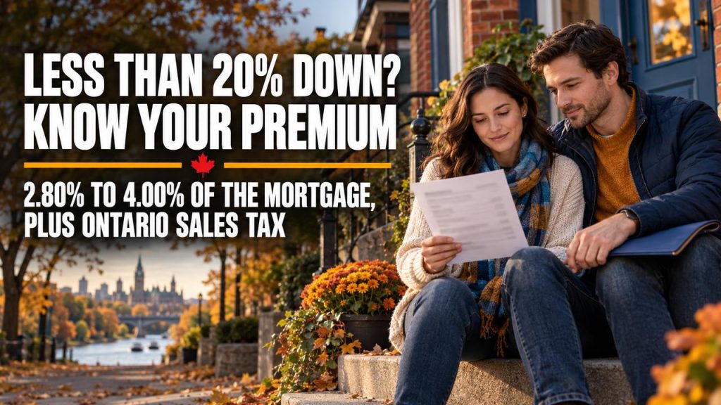 Couple on the front steps of an Ottawa red-brick home reviewing a printed statement together in autumn