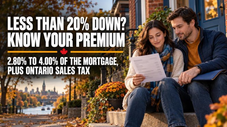 Couple on the front steps of an Ottawa red-brick home reviewing a printed statement together in autumn