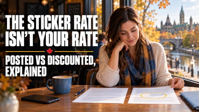 Ottawa homebuyer at a café window comparing two mortgage documents, one with a rate circled, with the Rideau Canal and Parliament outside